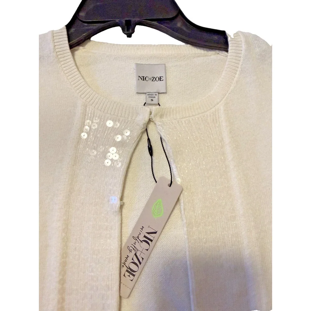 Nic+Zoe Cream Sequin Trim Cardigan Small Open Front Knit NWT - Picture 5 of 5